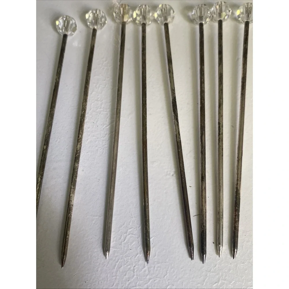 Vintage Silver Plate 1) holder & 9 Hatpins / Cocktail picks / Appetizer picks